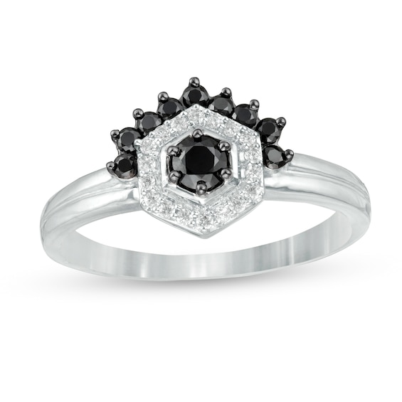 0.29 CT. T.W. Enhanced Black and White Diamond Hexagonal Frame Tiara Ring in 10K White Gold