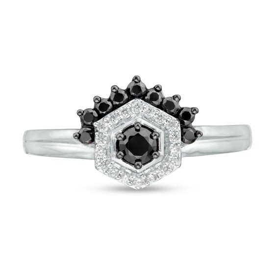 0.29 CT. T.W. Enhanced Black and White Diamond Hexagonal Frame Tiara Ring in 10K White Gold