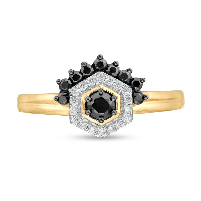 Main Image 4 of 0.29 CT. T.W. Enhanced Black and White Diamond Hexagonal Frame Tiara Ring in 10K Gold