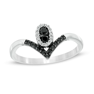 0.18 CT. T.W. Enhanced Black and White Diamond Oval Frame Chevron Ring in 10K White Gold