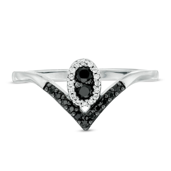 0.18 CT. T.W. Enhanced Black and White Diamond Oval Frame Chevron Ring in 10K White Gold