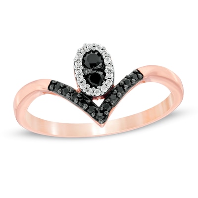 0.18 CT. T.W. Enhanced Black and White Diamond Oval Frame Chevron Ring in 10K Rose Gold