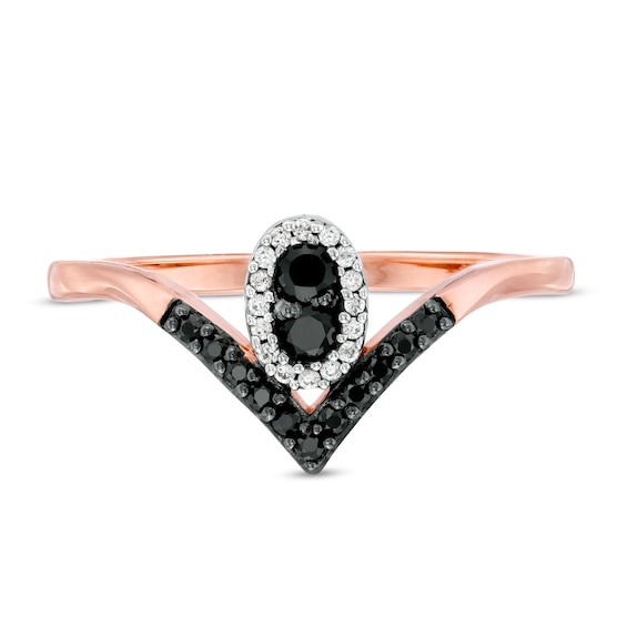 0.18 CT. T.W. Enhanced Black and White Diamond Oval Frame Chevron Ring in 10K Rose Gold