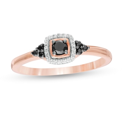 0.18 CT. T.W. Enhanced Black and White Diamond Cushion Frame Tri-Sides Promise Ring in 10K Rose Gold