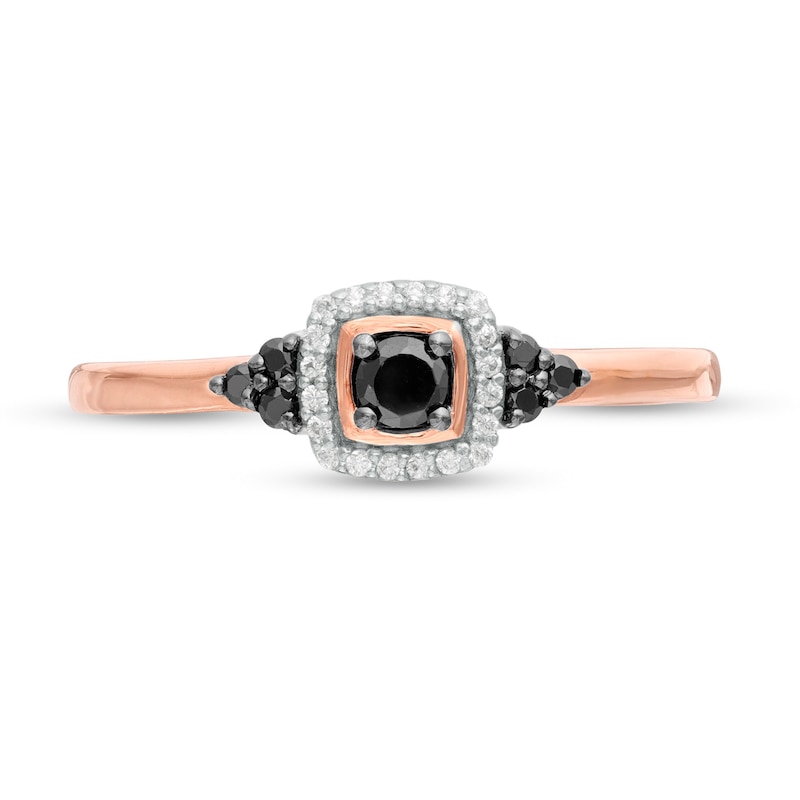 0.18 CT. T.W. Enhanced Black and White Diamond Cushion Frame Tri-Sides Promise Ring in 10K Rose Gold