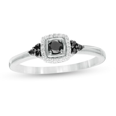 0.18 CT. T.W. Enhanced Black and White Diamond Cushion Frame Tri-Sides Promise Ring in 10K White Gold