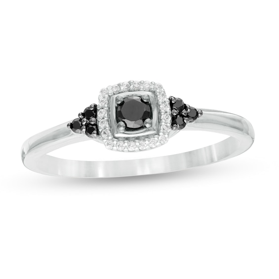 0.18 CT. T.W. Enhanced Black and White Diamond Cushion Frame Tri-Sides Promise Ring in 10K White Gold