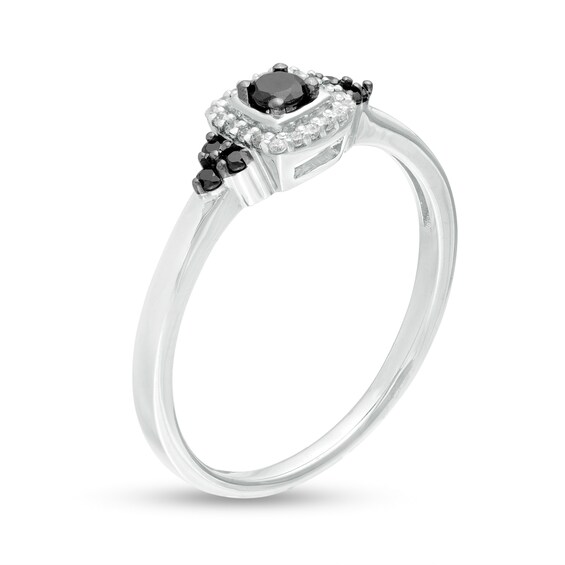 0.18 CT. T.W. Enhanced Black and White Diamond Cushion Frame Tri-Sides Promise Ring in 10K White Gold