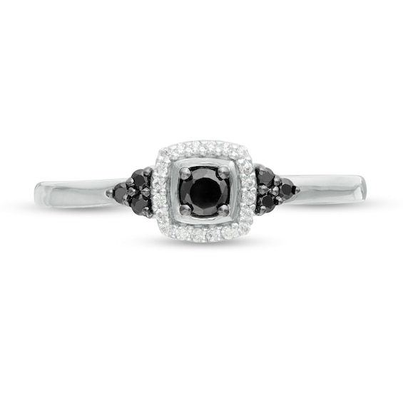 0.18 CT. T.W. Enhanced Black and White Diamond Cushion Frame Tri-Sides Promise Ring in 10K White Gold