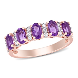 Oval Amethyst and 0.16 CT. T.W. Diamond Five Stone Ring in 14K Rose Gold