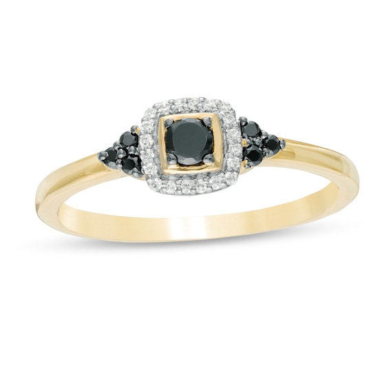 0.18 CT. T.W. Enhanced Black and White Diamond Cushion Frame Tri-Sides Promise Ring in 10K Gold