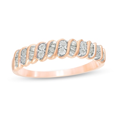 0.12 CT. T.W. Baguette and Round Diamond Stackable Spiral Anniversary Ring in 10K Rose Gold