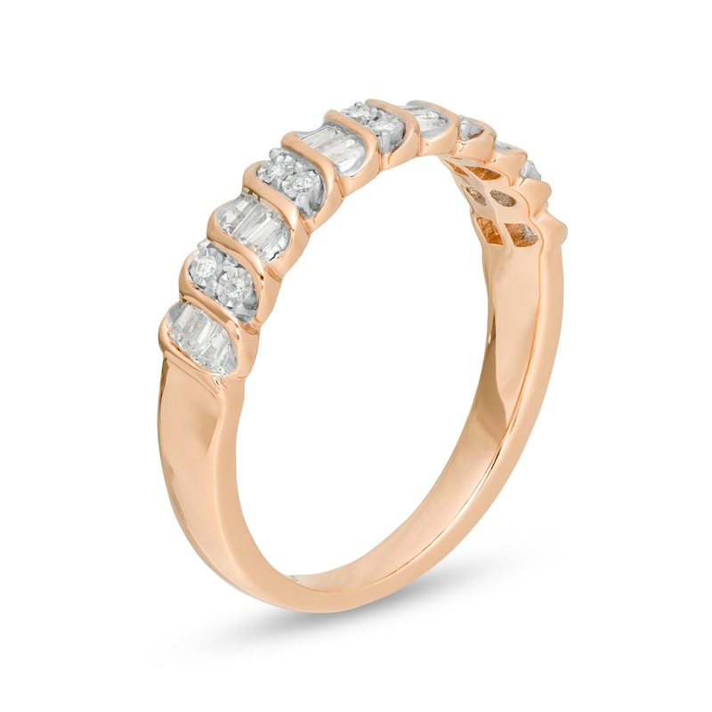 Main Image 3 of 0.12 CT. T.W. Baguette and Round Diamond Stackable Spiral Anniversary Ring in 10K Rose Gold