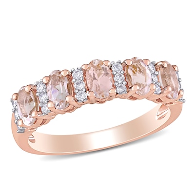 Oval Morganite and 0.16 CT. T.W. Diamond Five Stone Ring in 14K Rose Gold