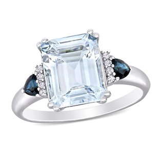 Emerald-Cut Aquamarine, Trillion-Cut Blue Sapphire and 0.04 CT. T.W. Diamond Collar Ring in Sterling Silver