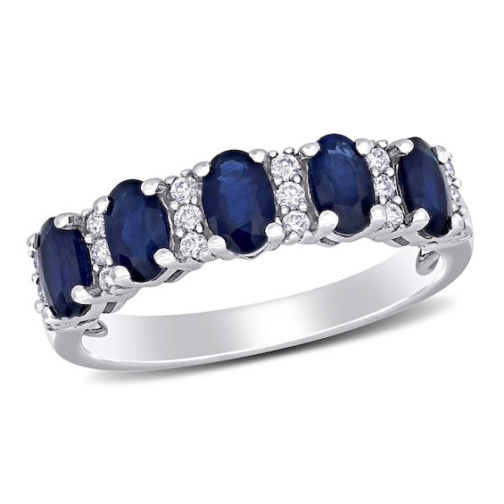 Oval Blue Sapphire and 0.16 CT. T.W. Diamond Five Stone Ring in 14K White Gold