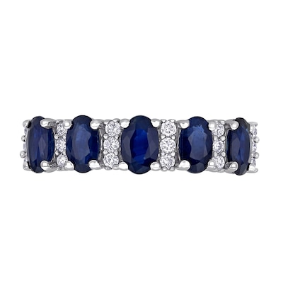 Oval Blue Sapphire and 0.16 CT. T.W. Diamond Five Stone Ring in 14K White Gold