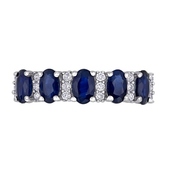 Oval Blue Sapphire and 0.16 CT. T.W. Diamond Five Stone Ring in 14K White Gold