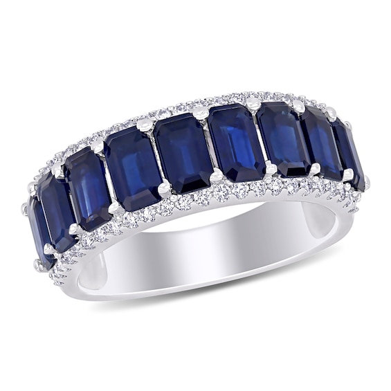 Emerald-Cut Blue Sapphire and 0.28 CT. T.W. Diamond Edge Band in 14K White Gold