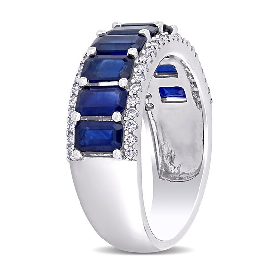 Emerald-Cut Blue Sapphire and 0.28 CT. T.W. Diamond Edge Band in 14K White Gold