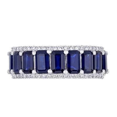 Emerald-Cut Blue Sapphire and 0.28 CT. T.W. Diamond Edge Band in 14K White Gold