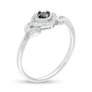 0.18 CT. T.W. Enhanced Black and White Diamond Tilted Cushion Frame Leaf-Sides Promise Ring in 10K White Gold