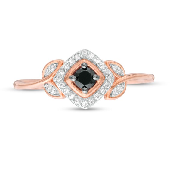 0.18 CT. T.W. Enhanced Black and White Diamond Tilted Cushion Frame Leaf-Sides Promise Ring in 10K Rose Gold