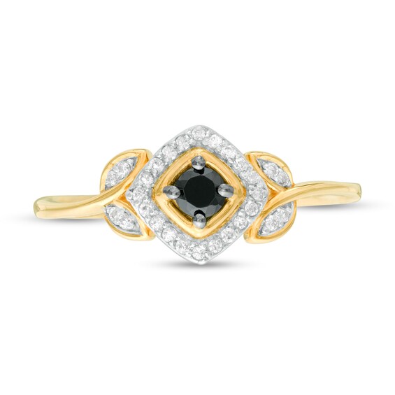 0.18 CT. T.W. Enhanced Black and White Diamond Tilted Cushion Frame Leaf Shank Promise Ring in 10K Gold