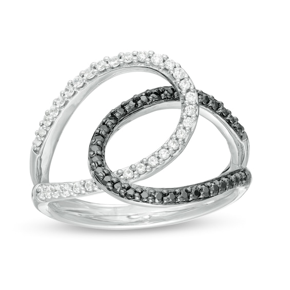 0.40 CT. T.W. Enhanced Black and White Diamond Interlocking Loops Ring in Sterling Silver