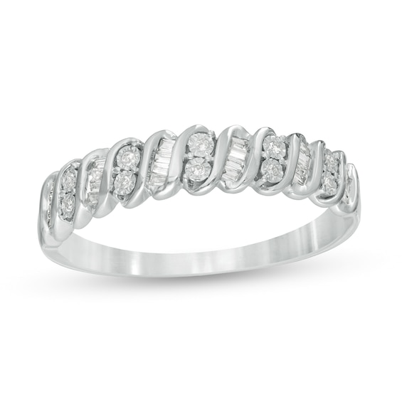 0.12 CT. T.W. Baguette and Round Diamond Stackable Spiral Anniversary Ring in 10K White Gold