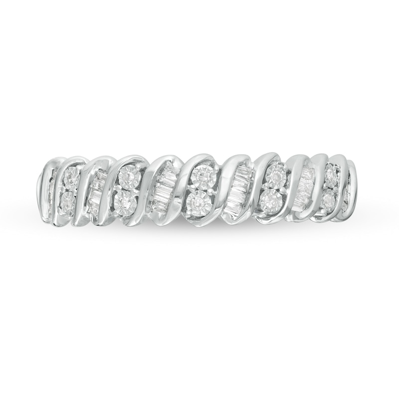 0.12 CT. T.W. Baguette and Round Diamond Stackable Spiral Anniversary Ring in 10K White Gold|Peoples Jewellers