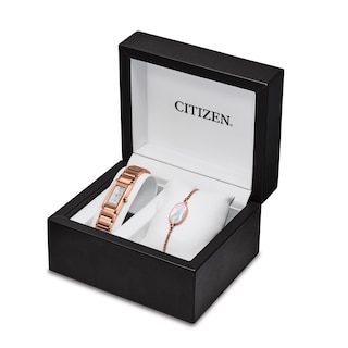 Ladies' Exclusive Citizen Eco-Drive® Axiom Diamond Accent Rose-Tone Watch and Bolo Bracelet Box Set (Model: EG7053-64D)