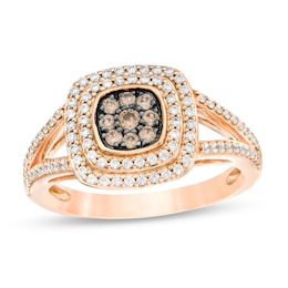 0.50 CT. T.W. Champagne and White Composite Diamond Cushion Frame Split Shank Ring in 10K Rose Gold