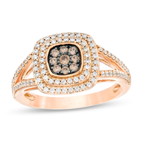 0.50 CT. T.W. Champagne and White Composite Diamond Cushion Frame Split Shank Ring in 10K Rose Gold