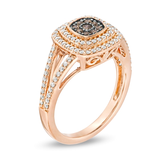 0.50 CT. T.W. Champagne and White Composite Diamond Cushion Frame Split Shank Ring in 10K Rose Gold