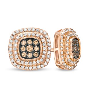 0.50 CT. T.W. Champagne and White Composite Diamond Double Cushion Frame Stud Earrings in 10K Rose Gold