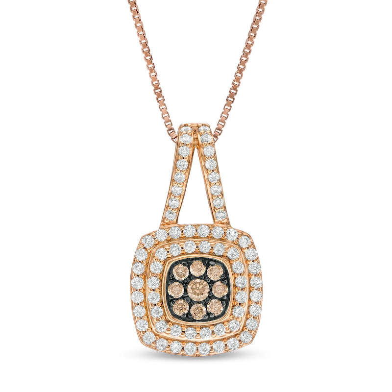 0.50 CT. T.W. Champagne and White Composite Diamond Double Cushion Frame Pendant in 10K Rose Gold