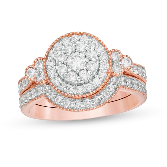 0.95 CT. T.W. Diamond Frame Tri-Sides Vintage-Style Bridal Set in 10K Rose Gold