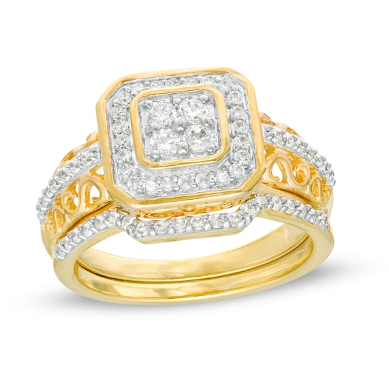 0.45 CT. T.W. Quad Diamond Octagonal Frame Bridal Set in 10K Gold