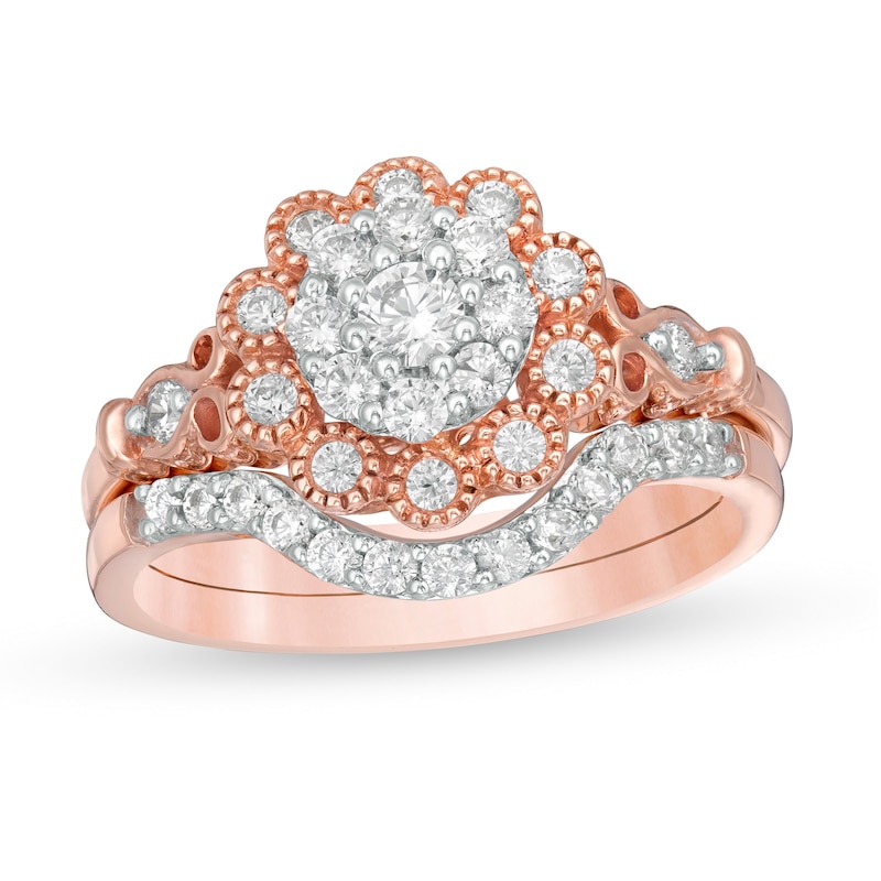 0.58 CT. T.W. Composite Diamond Scallop Frame Vintage-Style Bridal Set in 10K Rose Gold|Peoples Jewellers