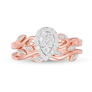 0.23 CT. T.W. Composite Diamond Pear-Shaped Frame Leaf-Shank Bridal Set in 10K Rose Gold