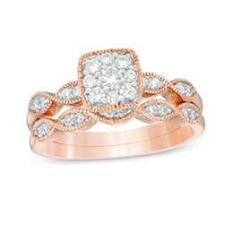 0.37 CT. T.W. Diamond Cushion Frame Marquise Twist Vintage-Style Bridal Set in 10K Rose Gold