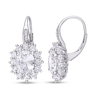 Oval Lab-Created White Sapphire and 0.04 CT. T.W. Diamond Starburst Frame Drop Earrings in Sterling Silver