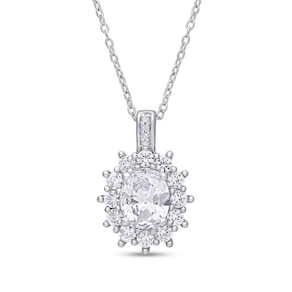 Oval Lab-Created White Sapphire and Diamond Accent Starburst Frame Pendant in Sterling Silver