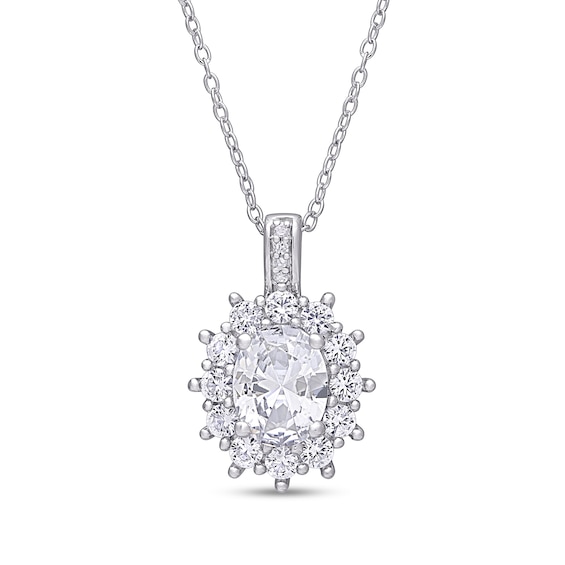 Oval Lab-Created White Sapphire and Diamond Accent Starburst Frame Pendant in Sterling Silver