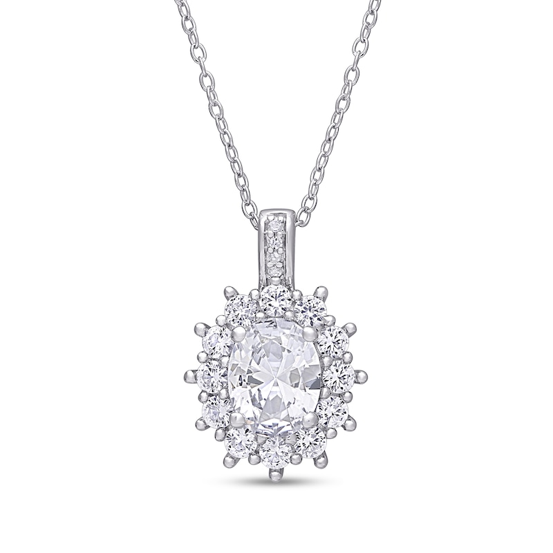 Oval Lab-Created White Sapphire and Diamond Accent Starburst Frame Pendant in Sterling Silver|Peoples Jewellers