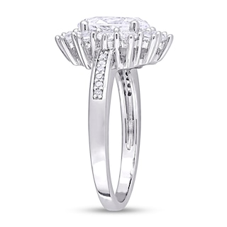 Oval Lab-Created White Sapphire and 0.04 CT. T.W. Diamond Starburst Frame Ring in Sterling Silver