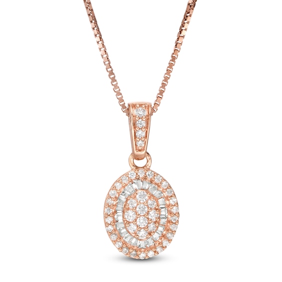 0.32 CT. T.W. Baguette and Round Composite Diamond Oval Frame Pendant in 10K Rose Gold