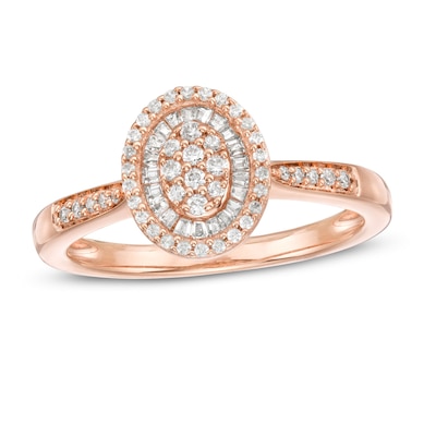 0.32 CT. T.W. Baguette and Round Composite Diamond Oval Frame Ring in 10K Rose Gold