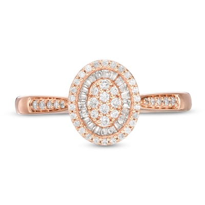 0.32 CT. T.W. Baguette and Round Composite Diamond Oval Frame Ring in 10K Rose Gold